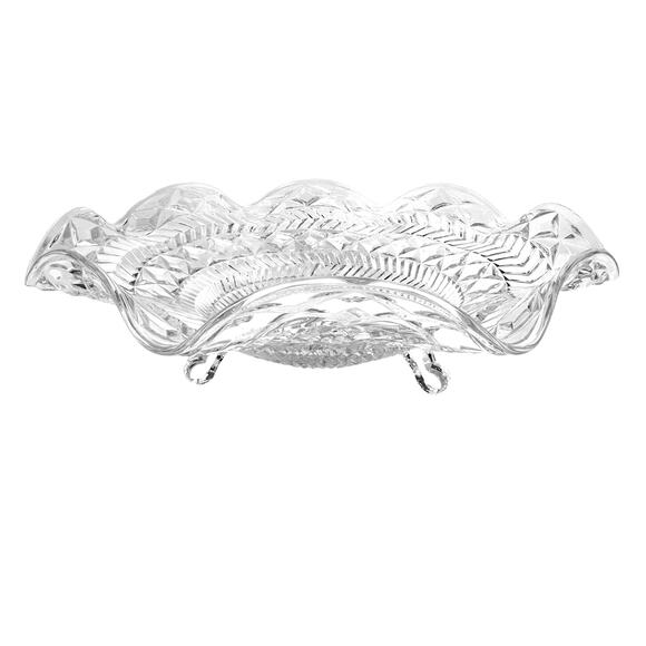 Footed Glass Vintage Centerpiece 12.75" Ruffled Top Bowl in Diamond Pattern - Picture 2 of 9